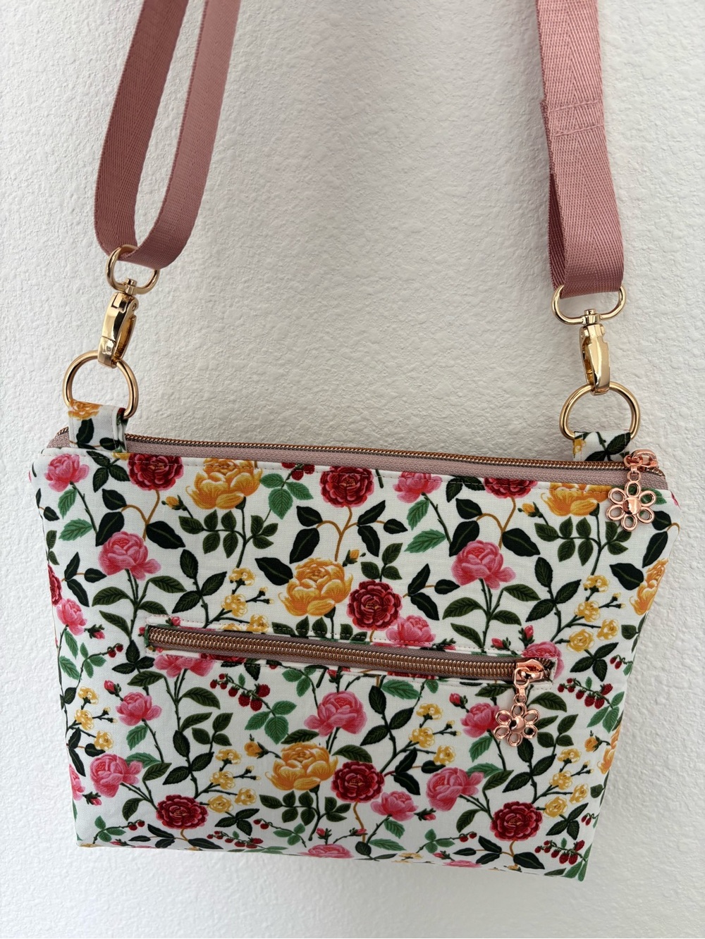 Floral Crossbody Bag with Pink Strap Handmade Rifle Paper Company Fabric